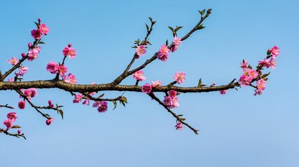 Delicate Pink Cherry Blossom Branch Stretching Against a Clear Blue Sky Evoking Tranquility
