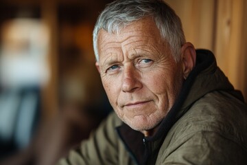 Mature man with silver hair sits thoughtfully indoors in a cozy setting, showcasing wisdom and experience during early evening hours