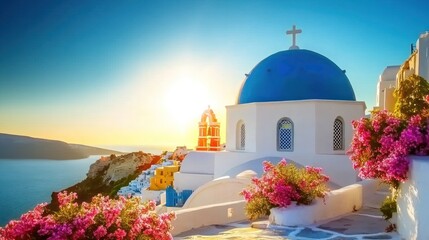 Obraz premium Santorini's Iconic Blue Dome Church at Sunrise in Oia, Greece