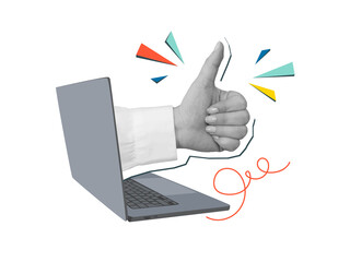 A hand with a thumb up comes out of a laptop monitor. Symbol of approval. Modern photo collage style. Illustration on transparent background