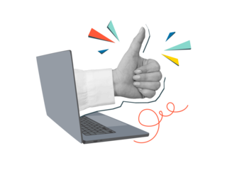 A hand with a thumb up comes out of a laptop monitor. Symbol of approval. Modern photo collage style. Illustration on transparent background