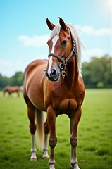 Obraz premium A beautiful graceful horse poses standing on a green lawn