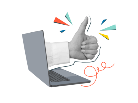 A hand with a thumb up comes out of a laptop monitor. Symbol of approval. Modern photo collage style. Illustration on transparent background