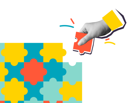 A hand places the last missing puzzle piece. Modern collage style. Illustration on transparent background