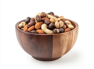Nuts mixed in a wooden bowl, isolated on a white background with a clipping path, close-up view.
