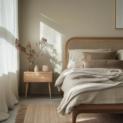 Bedroom scene featuring a bed bedside table and sunlight