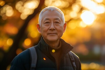 Elderly man smiles warmly in a park during sunset surrounded by golden autumn leaves