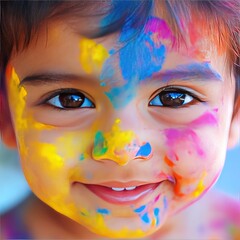 indian little boy applying color on face