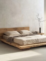 Minimalist bedroom featuring a wooden platform bed with neutral linens