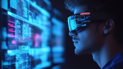 young man using virtual reality gadget computer technology glasses