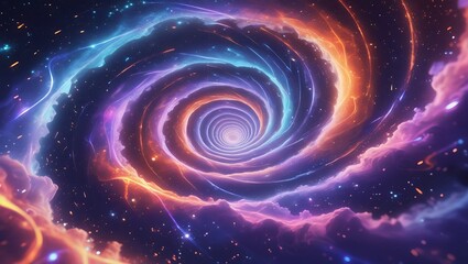 Obraz premium Abstract cosmic 3D vortex with glowing nebula swirls, deep-space blue and ultraviolet hues, and an energetic gravitational motion effect for a sci-fi theme.