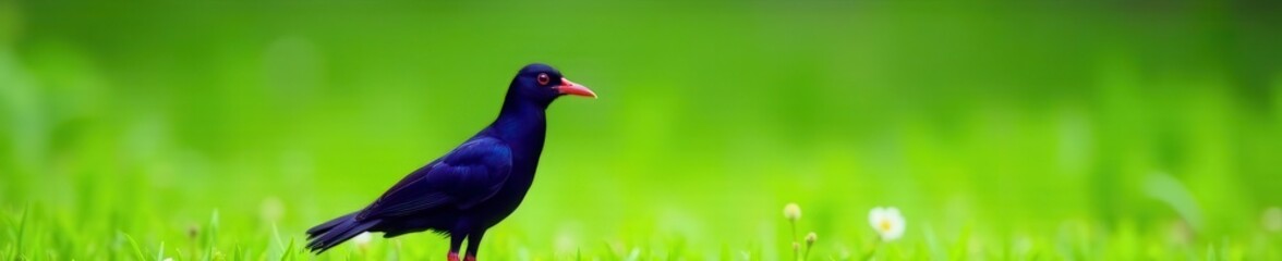 Fototapeta premium Elegant black feathered friend, striking red bill, lush grass background, garden, grass