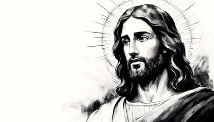 This stunning illustration captures a contemplative Jesus Christ, showcasing his serene expression, flowing hair, and radiant light surrounding him, symbolizing divinity.