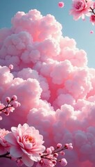 Fototapeta premium Dreamlike pink cloud, floral blossoms, fluffy texture, bloom, nature, airy