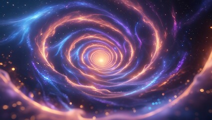 Abstract cosmic 3D vortex with glowing nebula swirls, deep-space blue and ultraviolet hues, and an energetic gravitational motion effect for a sci-fi theme.