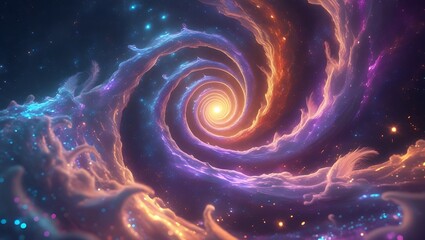 Abstract cosmic 3D vortex with glowing nebula swirls, deep-space blue and ultraviolet hues, and an energetic gravitational motion effect for a sci-fi theme.