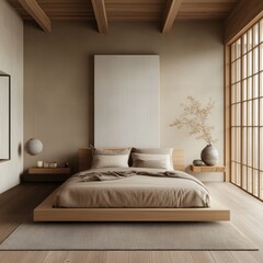 Fototapeta premium Serene bedroom boasts a minimalist aesthetic with warm neutral tones