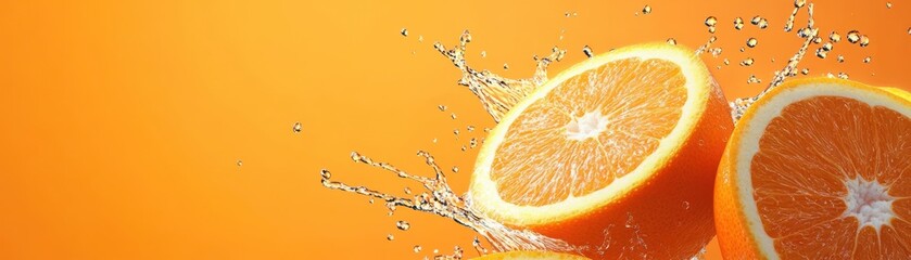 Fresh oranges splashing with juice against a vibrant orange background, capturing the essence of citrus fruit and refreshing flavor.