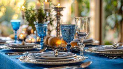 Fototapeta premium A colorful table set for Hanukkah dinner, complete with blue tablecloth and silver accents
