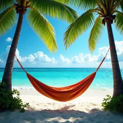 Naklejka premium Hammock sways gently between palm trees, ocean breeze , sea, sunlight