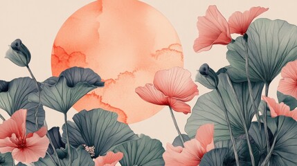 Floral and botanical line art background. Summer tone with tropical leafy , lotus flower, ginkgo leaves, branch vector. Watercolor wallpaper and circle sun for banner, prints, poster, wall art.