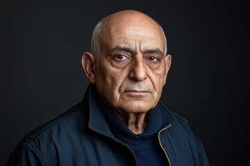 Fototapeta premium Older man with serious expression poses against dark background in urban setting