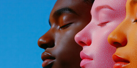 Close-up of Three Faces with Varied Skin Tones and Textured Makeup