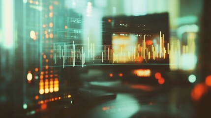 Close up of workspace with computer monitor and abstract glowing business chart on blurry grid background. Digital economy and big data concept. Double exposure