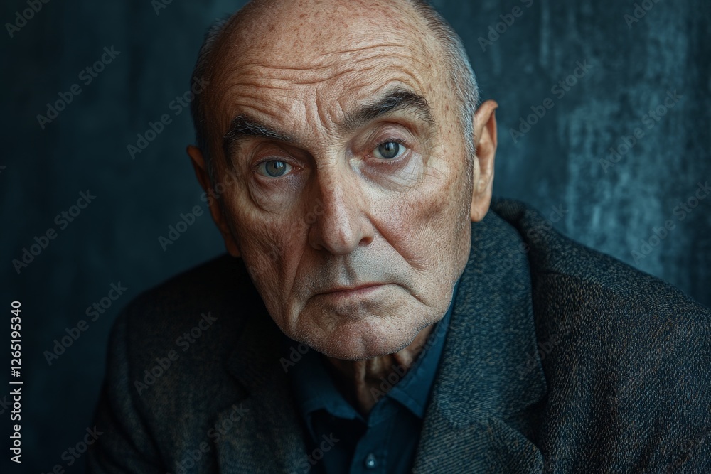 Poster senior man with expressive gaze in a dark setting reflecting wisdom and experience