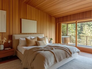 Serene bedroom boasts natural wood paneling and scenic outdoor views