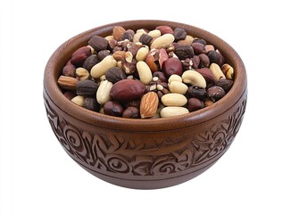 Nuts mixed in a wooden bowl, isolated on a white background with a clipping path, close-up view