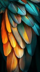 Fototapeta premium Close-up of vibrant blue and orange bird feathers with detailed texture and intricate patterns 