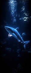 Fototapeta premium Spotted shark swims deep ocean bubbles rise