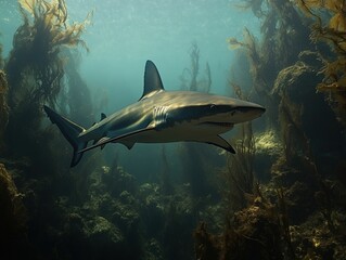 Fototapeta premium Shark gracefully swims kelp forest, sunlight dappled.