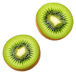 Fototapeta premium Two Sliced Kiwis Displaying Seeds and Green Pulp on Transparent Background