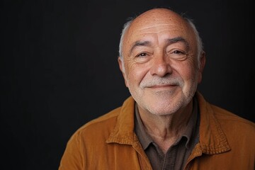 Obraz premium Elderly man smiles warmly against a dark background, capturing a moment of joy and serenity in his expression