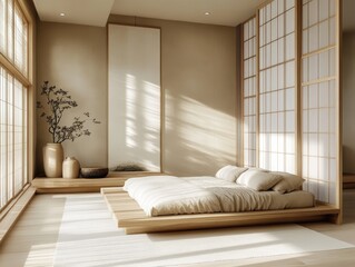 Calm neutral bedroom featuring platform bed and shoji screen
