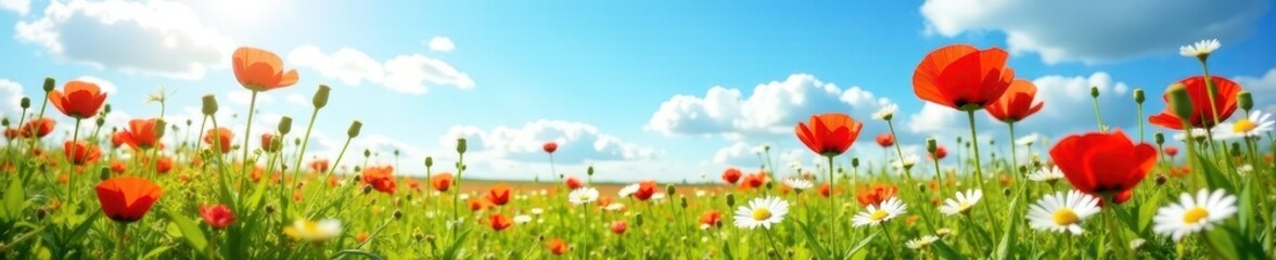Naklejka premium Sunlit floral field against azure sky Poppies, daisies visible , image, day