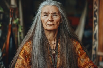 Obraz premium Portrait of an elderly woman with long hair wearing a traditional patterned garment in a rustic setting