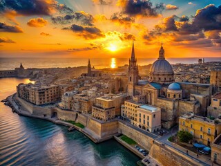 Obraz premium Silhouette Aerial Valletta Malta Dawn