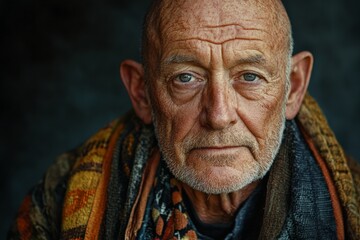 Portrait of an elderly man with expressive features wearing a colorful shawl in a dimly lit setting