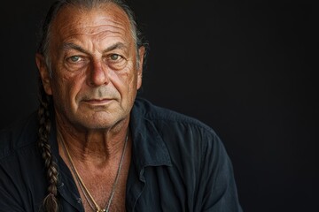 Obraz premium Mature man with braided hair gazes thoughtfully at the camera against a dark background