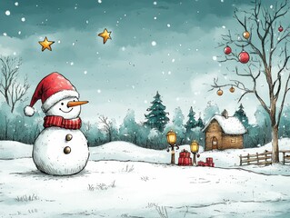 Obraz premium Cheerful snowman winter scene snowy landscape