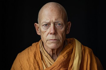 Obraz premium Elderly monk in orange robes gazes thoughtfully with a serene expression against a dark background