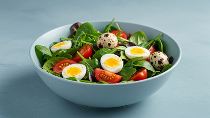 This healthy dish includes a salad with a blend of fresh leaves, tomatoes, and quail eggs, making it an excellent choice for those following vegan or vegetarian lifestyles