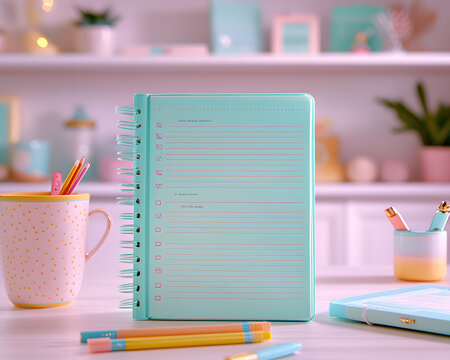 colorful daily planner with pens and mug on desk in cozy workspace