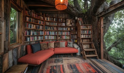 Treehouse Library whimsical treehouse library. Bookshelves crafted from reclaimed wood line the walls, reaching up to the leafy canopy overhead. cozy reading nooks tucked amongst the, Generative AI