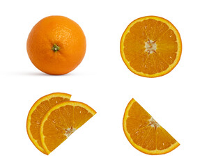 Orange fruit and slices collection. Flat lay, top. view isolated.