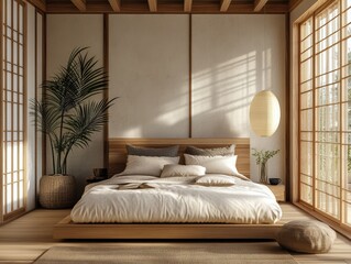 Minimalist zen bedroom with natural light and wooden accents