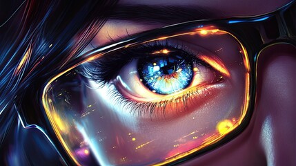 A detailed portrait of a woman in glasses, featuring a reflection on her glasses of a computer screen with graphs and tables